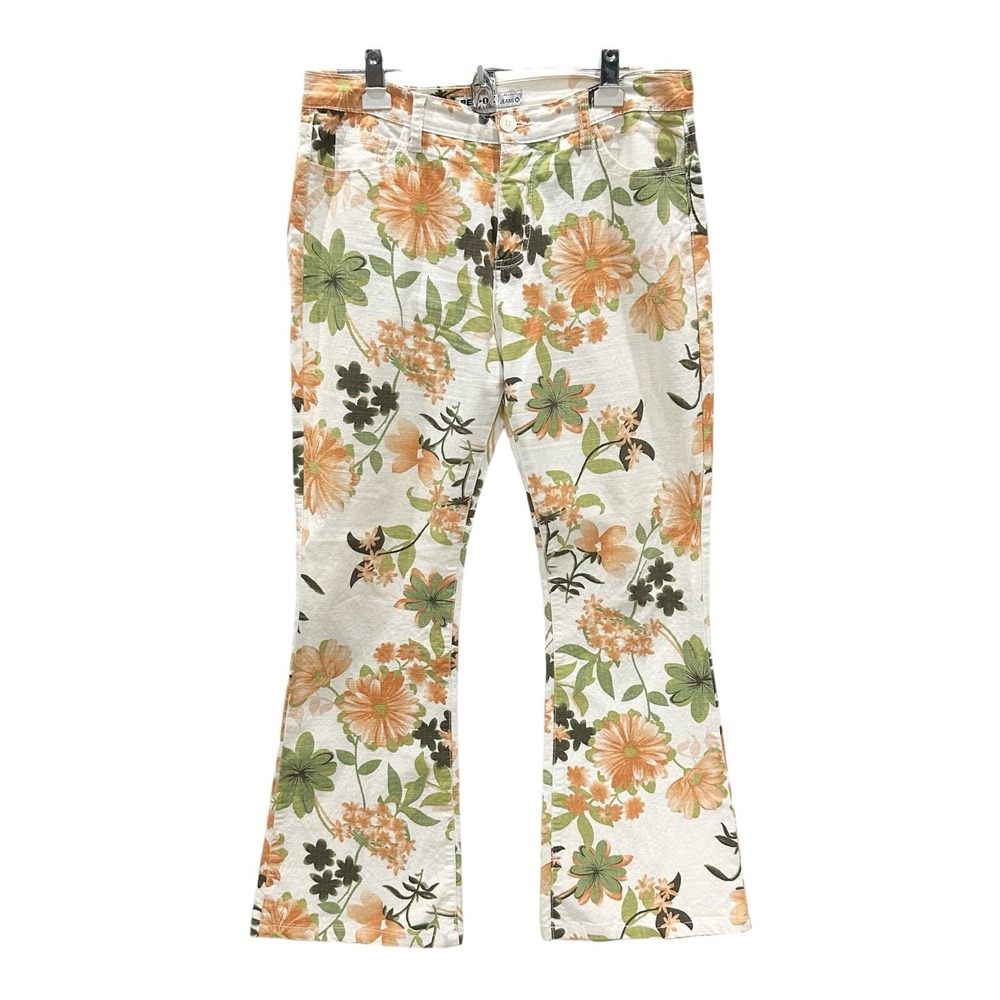 Red Ox Vintage Floral White Jeans 15/16 Bell‎ Bottom Flare Retro 70's Stage Prop